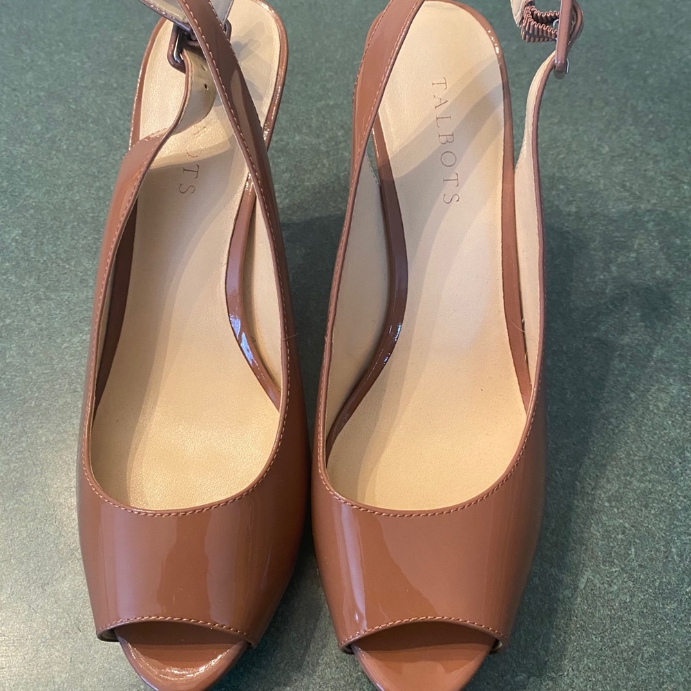 Talbots Tan sling back open toe shoes.